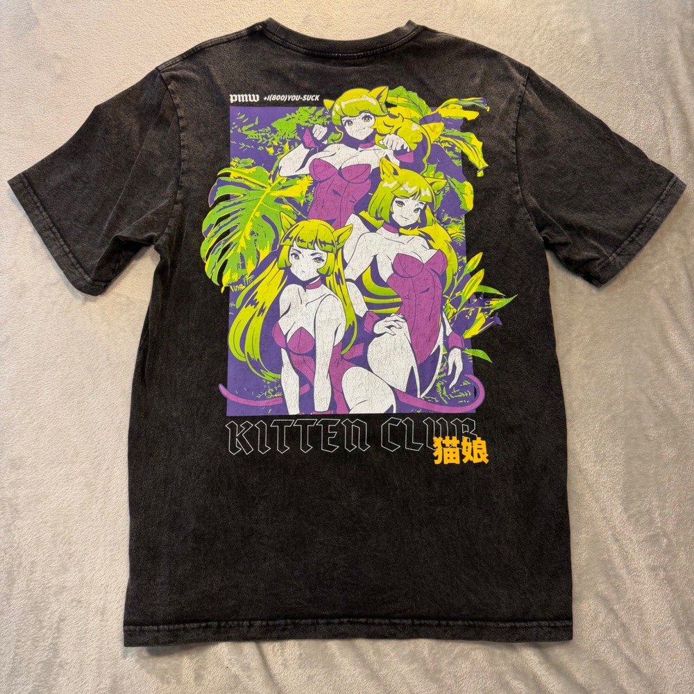 PMW‎ PaymoneyWubby Kitten Club Anime Graphic Tee Washed Black Mens Medium twitch